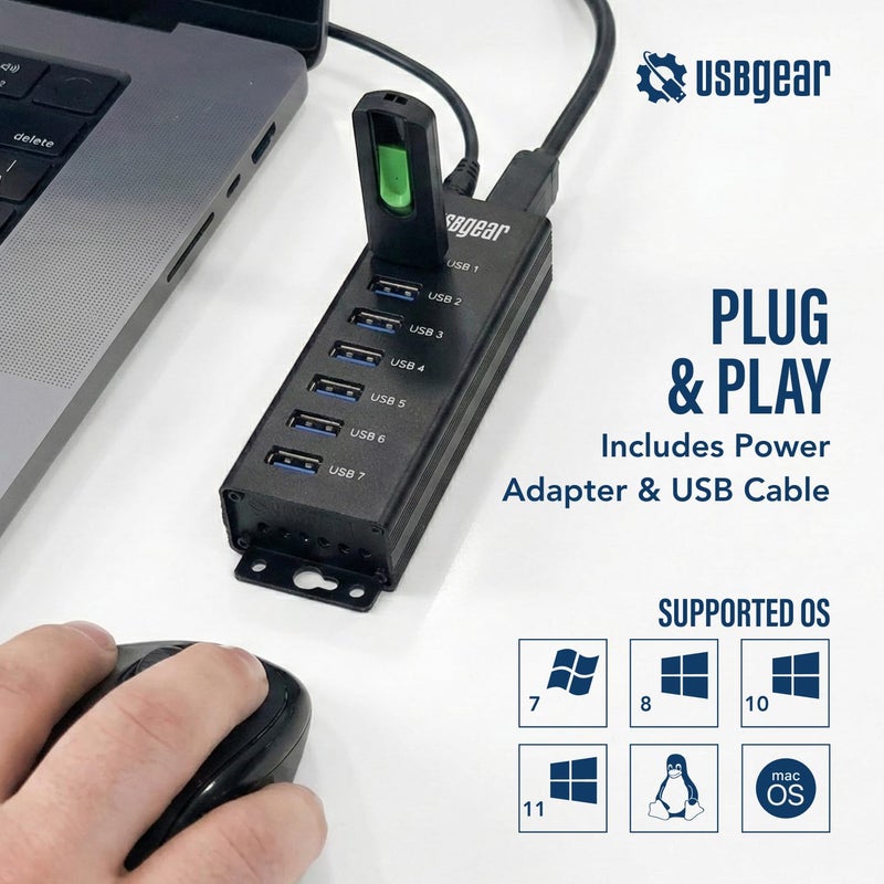 USBGear 7-Port USB 3.0 Mountable Charging and SuperSpeed Data Hub with 5V/4A Power Adapter and USB Type-A to Type-B Cable Included, Up to 900mA per Port Charging, Wall and Surface Mounting - Image 2